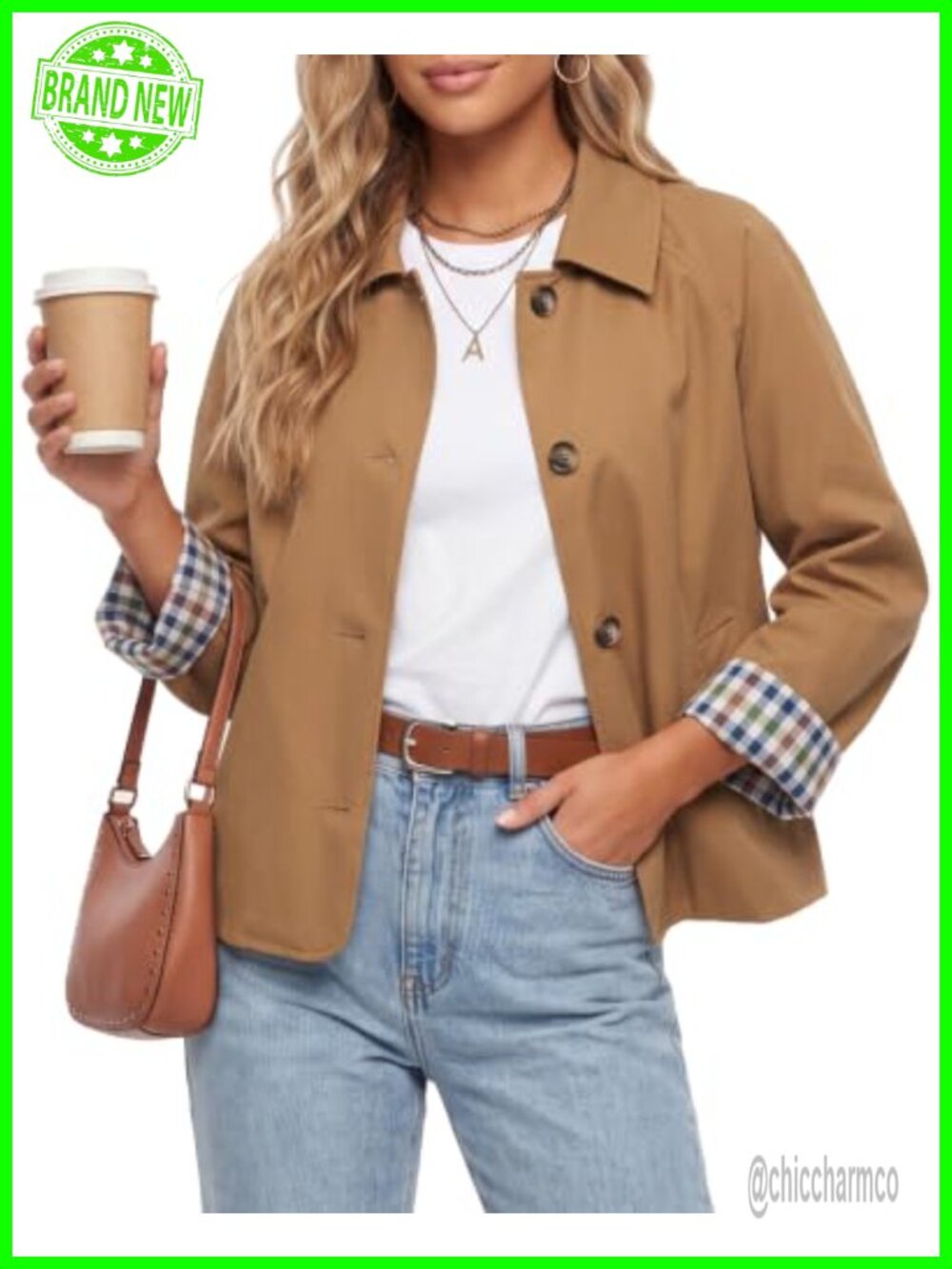 Cropped Trench Coat Plaid Lining Button Down Casual Jacket